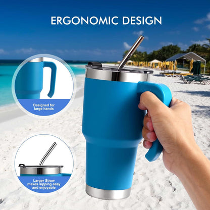 EQARD Thermobecher Strohhalm Henkel Deckel Edelstahl Becher 30OZ Blau