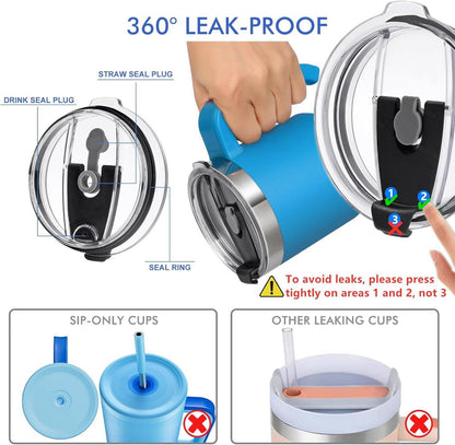 Thermobecher Strohhalm Henkel Deckel Edelstahl Becher 850ML Blau