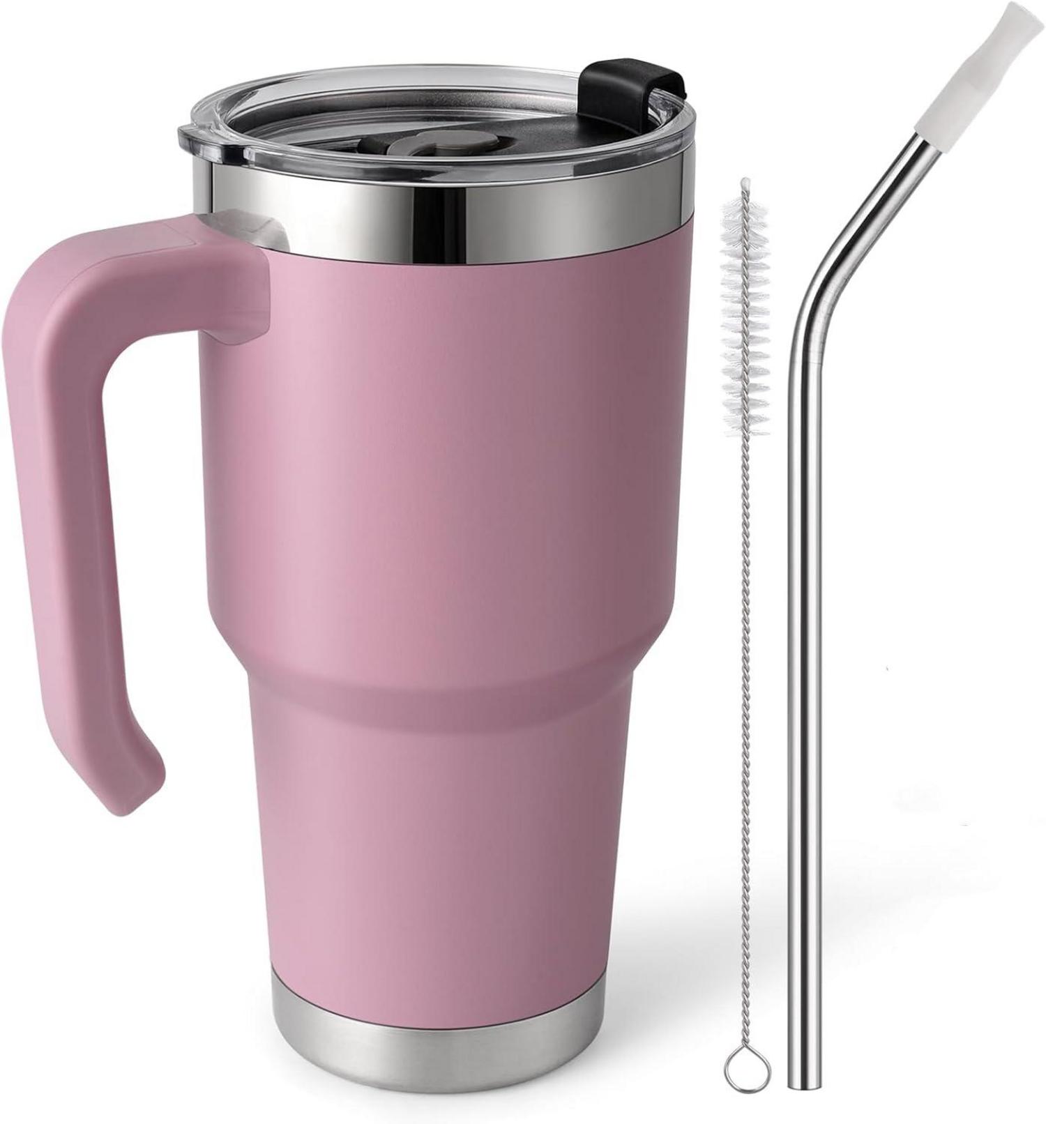 Thermobecher mit Strohhalm und Henkel aus Edelstahl 30oz Rosa