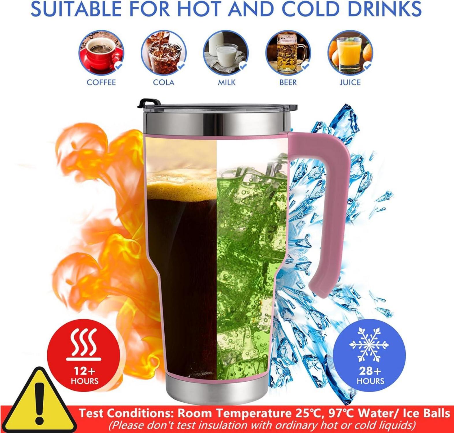 Thermobecher mit Strohhalm und Henkel aus Edelstahl 30oz Rosa