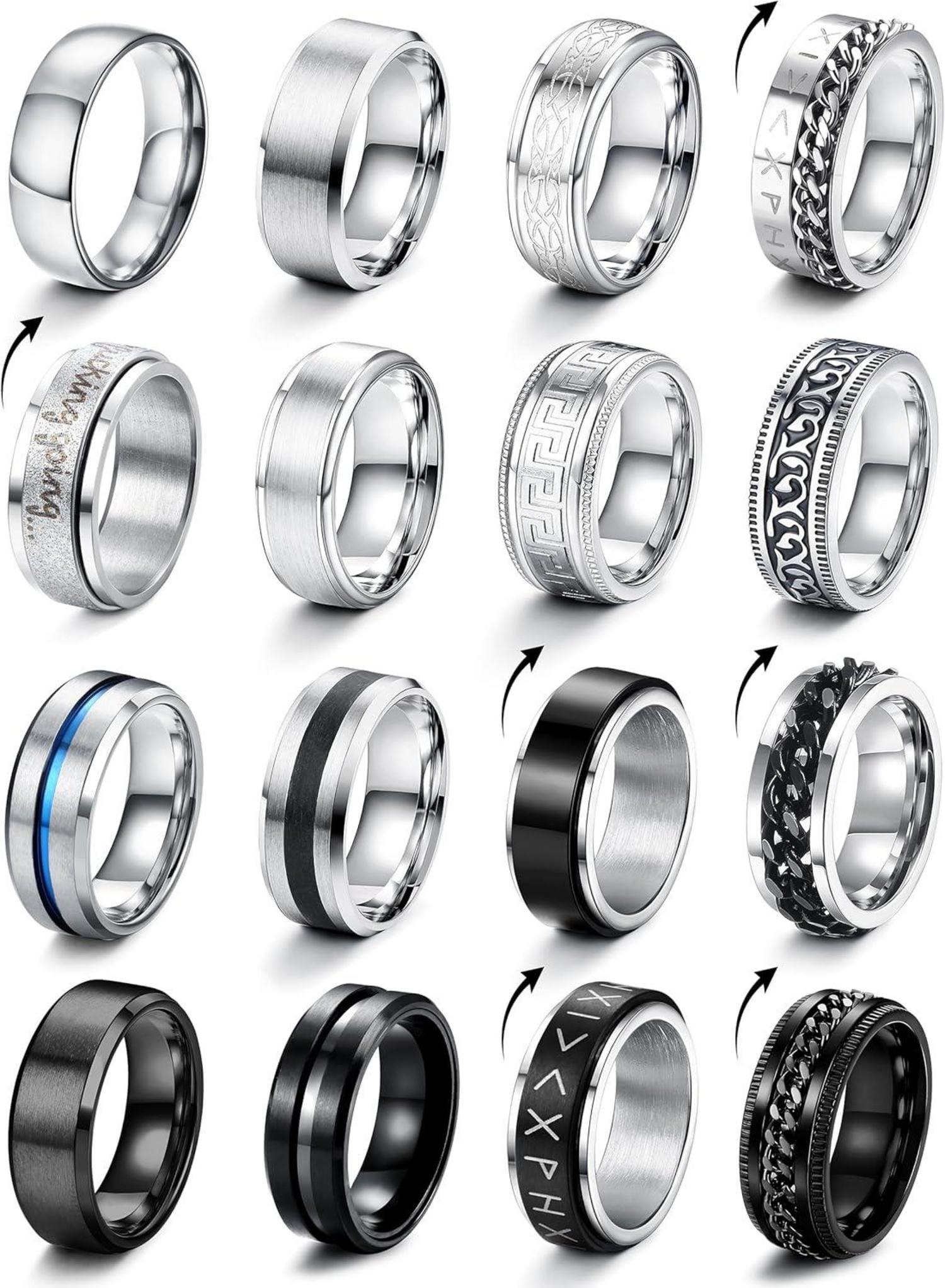 16-teiliges Edelstahl Herrenring Set in Silber Schwarz Vintage Biker