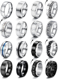 16-teiliges Edelstahl Herrenring Set in Silber Schwarz Vintage Biker