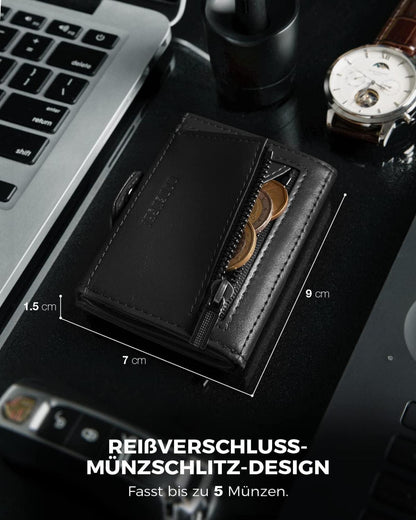 Herren RFID Slim Wallet Schwarz Kartenetui Münzfach LEDER