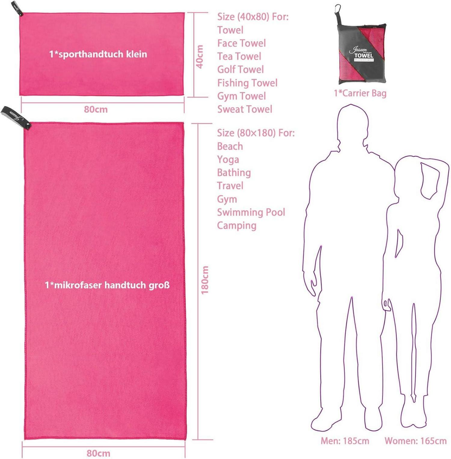 Mikrofaser Handtuch Set 2 Stück Sport Reise Strand 180x80cm 80x40cm Rosa