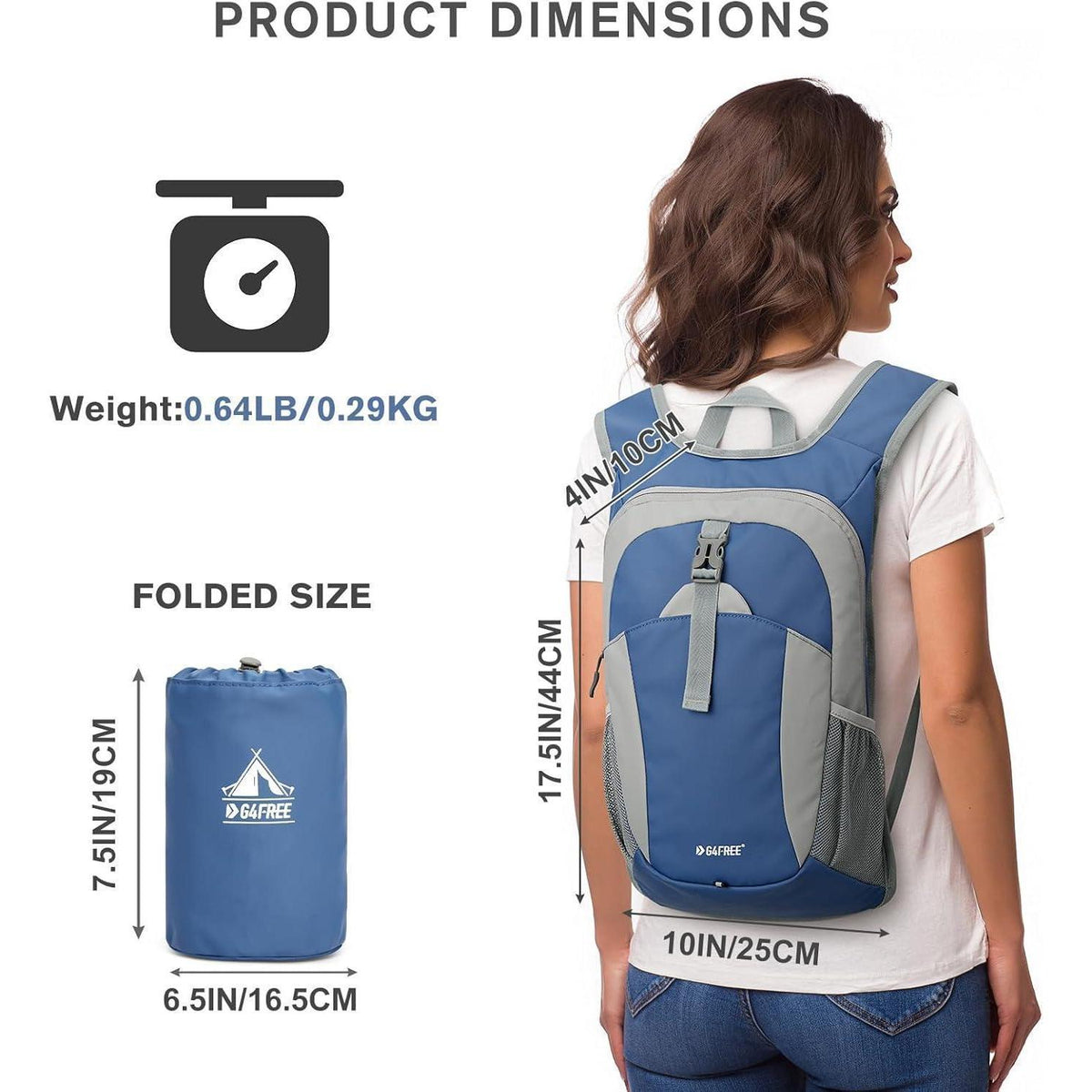 Faltbarer Wanderrucksack 12L Damen Herren Blau/Grau