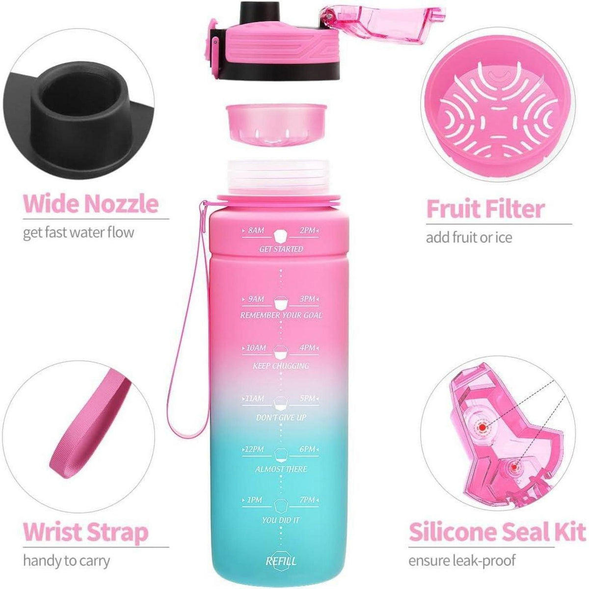 Motivierende Trinkflasche mit Zeitmarkierung, auslaufsicher, BPA-frei, 1000 ml Rosa-Smaragd
