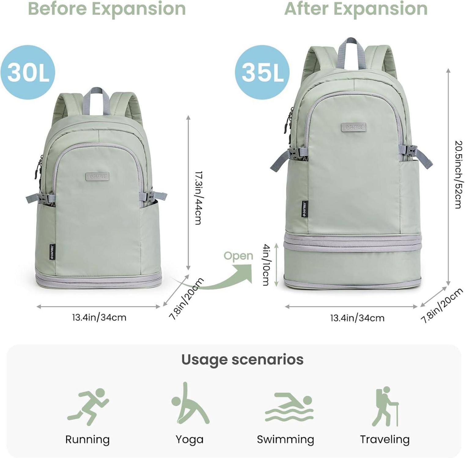 G4Free 35L Sportrucksack wasserdicht mit Schuhfach und Nassfach Hellgrün