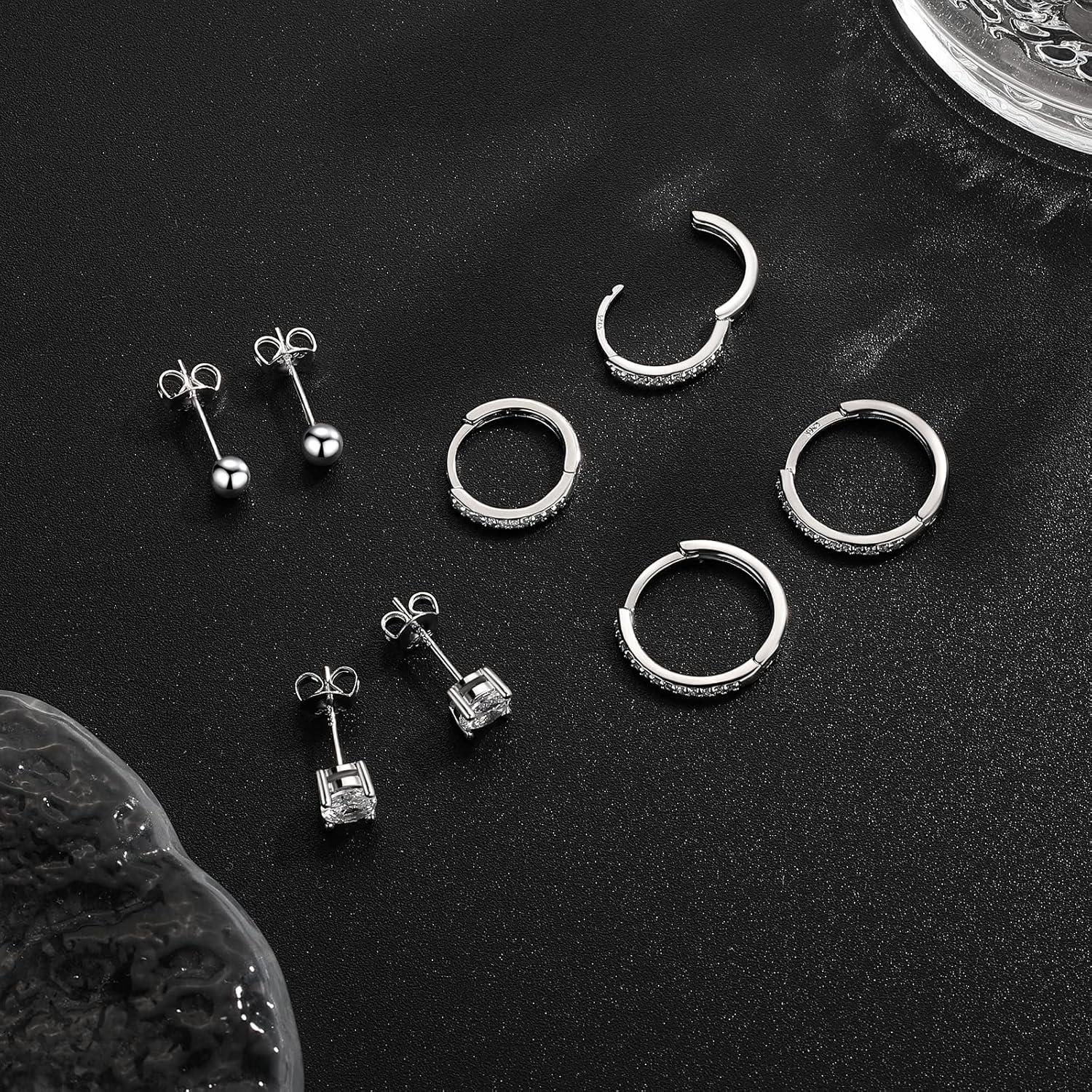 Ohrstecker Set Silber 925 Zirkonia Creolen 4/5/10/12mm, Damen Ohrringe