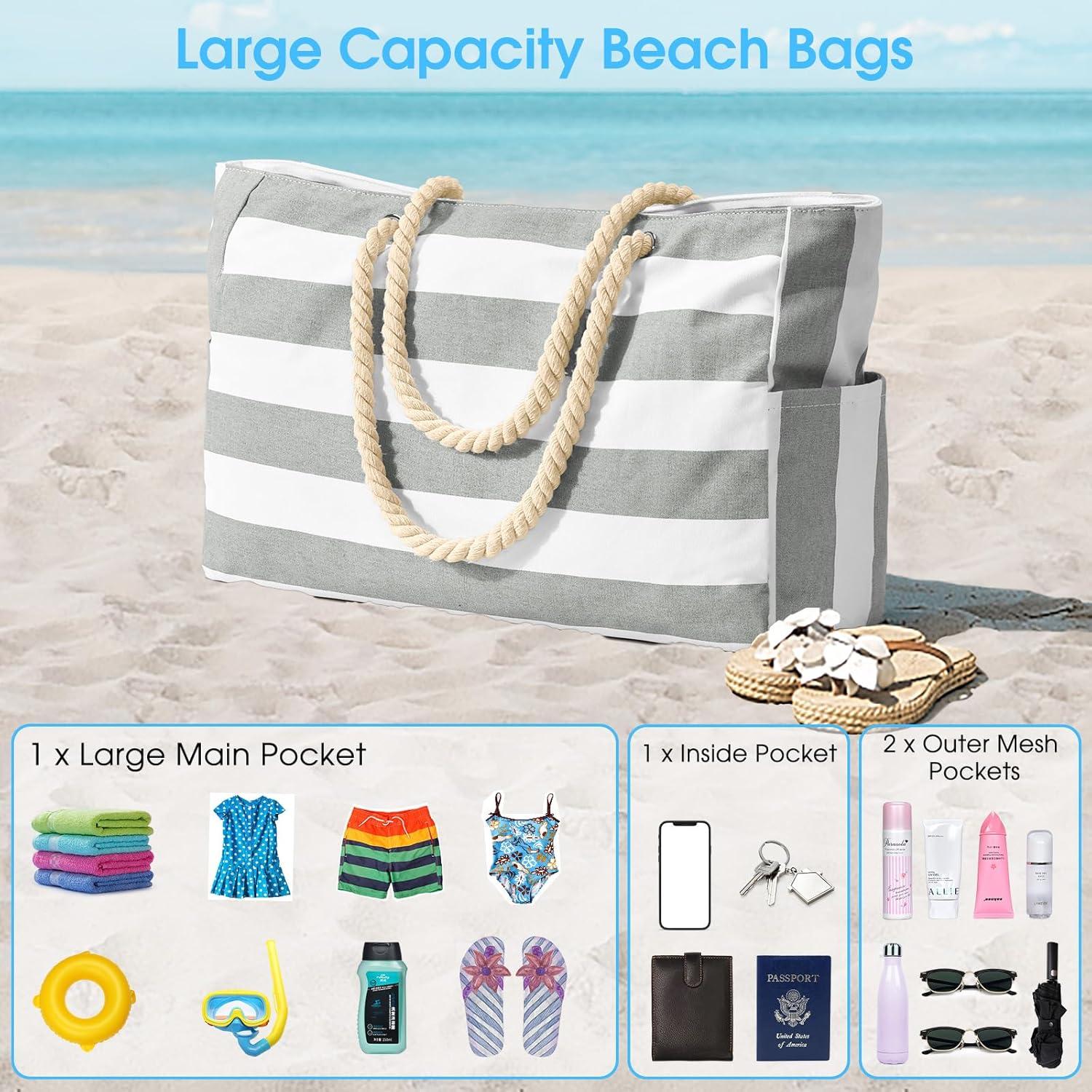 Große Strandtasche Damen XXL Wasserdicht mit Reißverschluss 20.8 x 14.5 x 7 Zoll