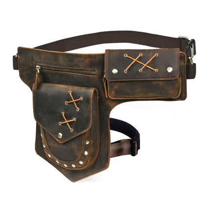 Herren Canvas & Leder Beintasche Motorrad Hüfttasche Braun