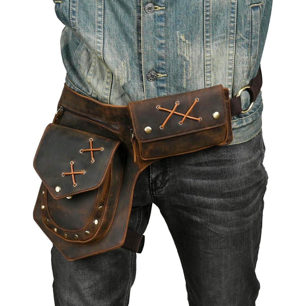 Herren Canvas & Leder Beintasche Motorrad Hüfttasche Braun