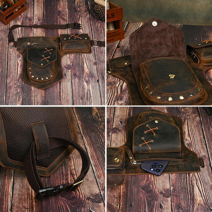 Herren Canvas & Leder Beintasche Motorrad Hüfttasche Braun