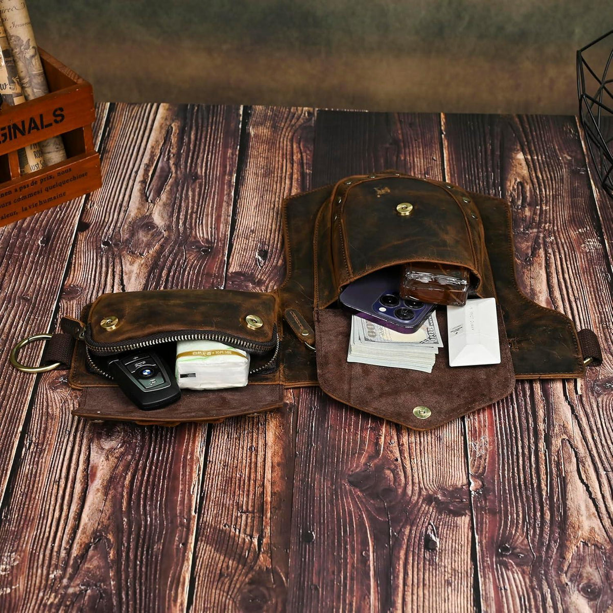 Herren Canvas & Leder Beintasche Motorrad Hüfttasche Braun