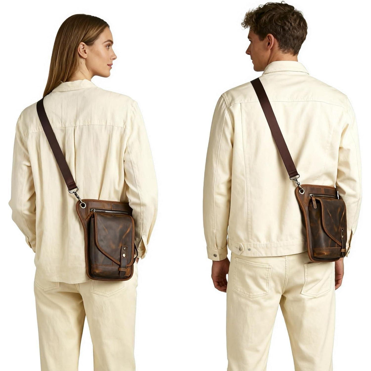 Herren Canvas & Leder Beintasche Motorrad Hüfttasche Braun