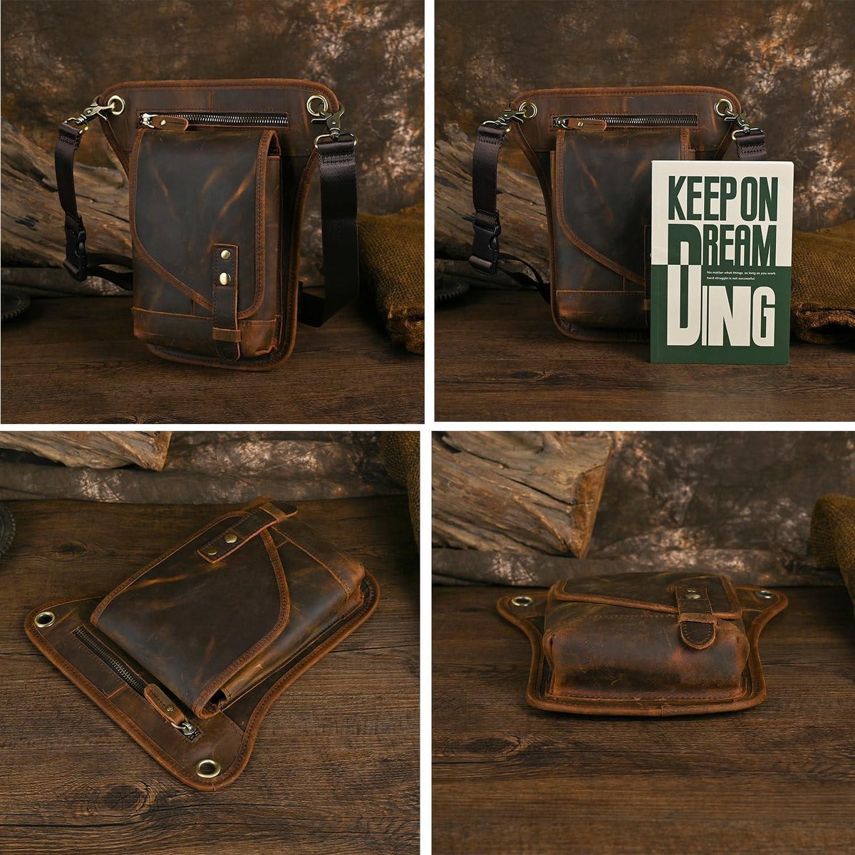 Herren Canvas & Leder Beintasche Motorrad Hüfttasche Braun