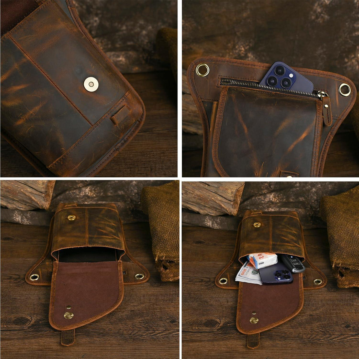 Herren Canvas & Leder Beintasche Motorrad Hüfttasche Braun