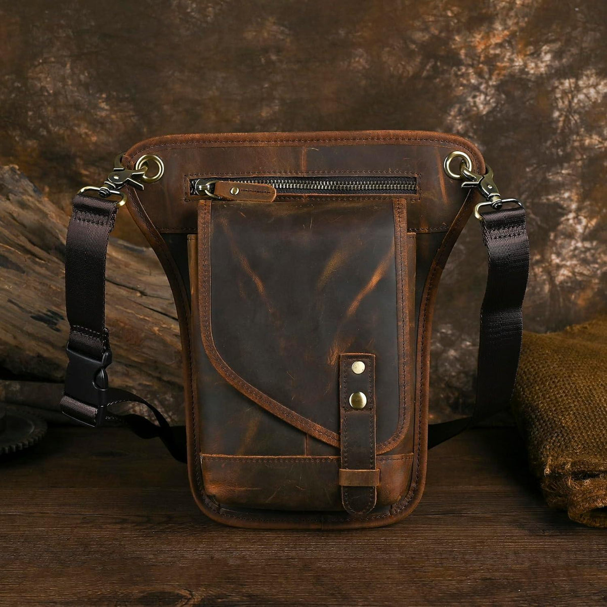 Herren Canvas & Leder Beintasche Motorrad Hüfttasche Braun