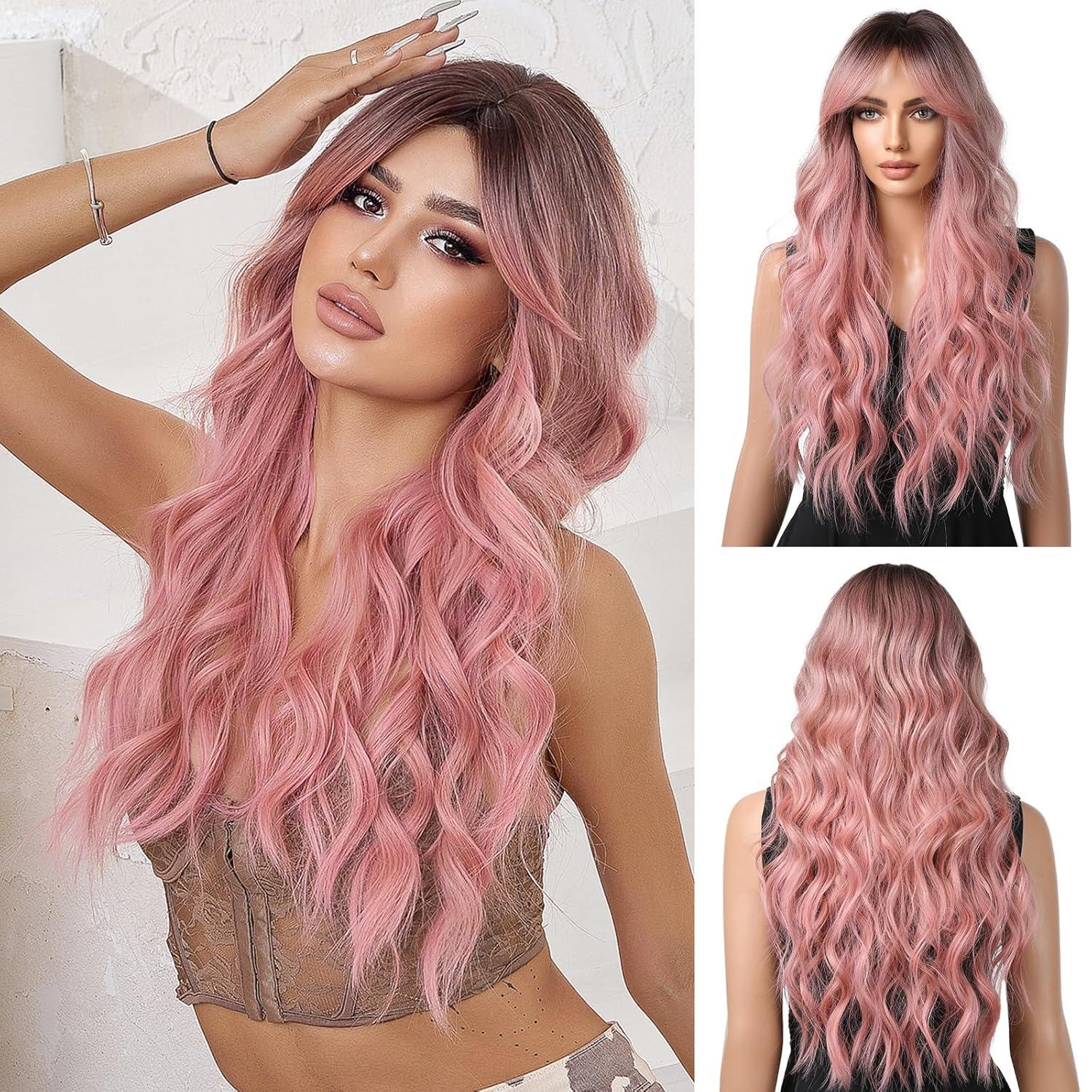 Ombre Rosa Lockige Perücke mit Pony Synthetisches Haar Hitzebeständig