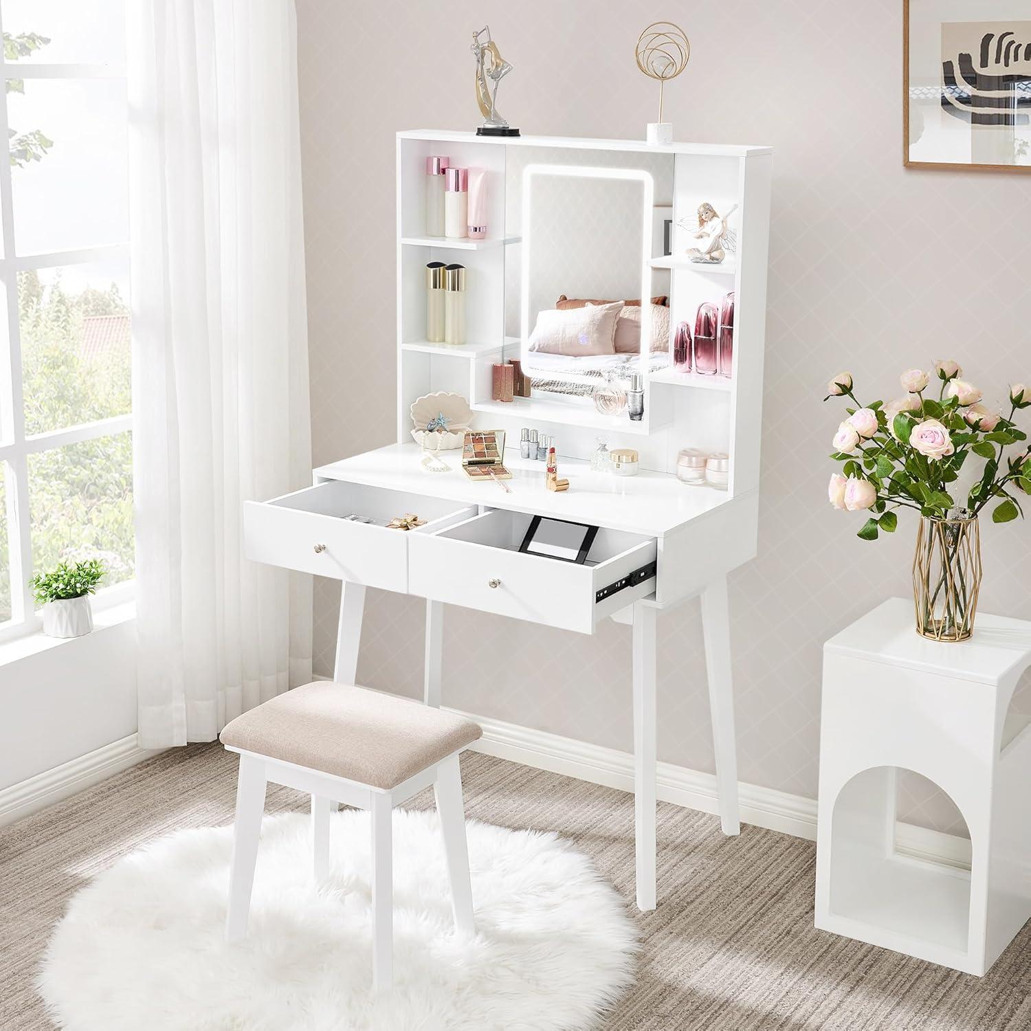 Schminktisch mit LED-Beleuchtung, Hocker 3 Farben Mädchen Frisiertisch Mirrorschrank