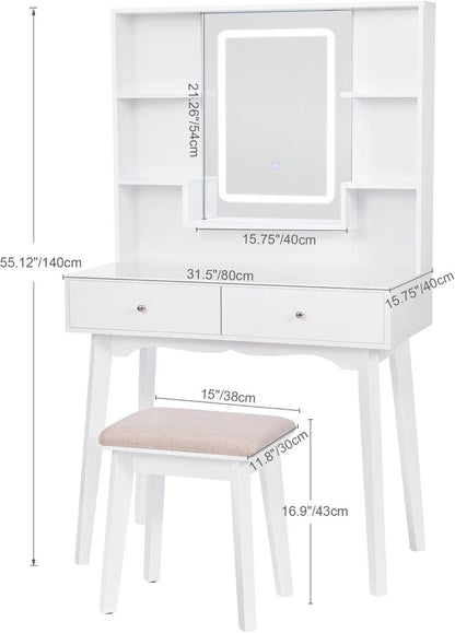 Schminktisch LED Beleuchtung Spiegel Hocker 3 Farben 5 Schubladen White
