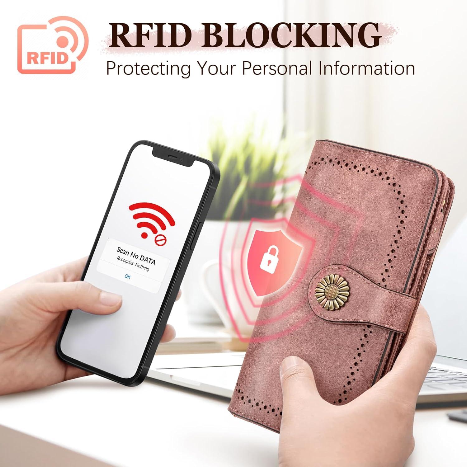 TEUEN Damen Geldbörse Leder RFID Schutz 24 Kartenfächer Handyfach Pink