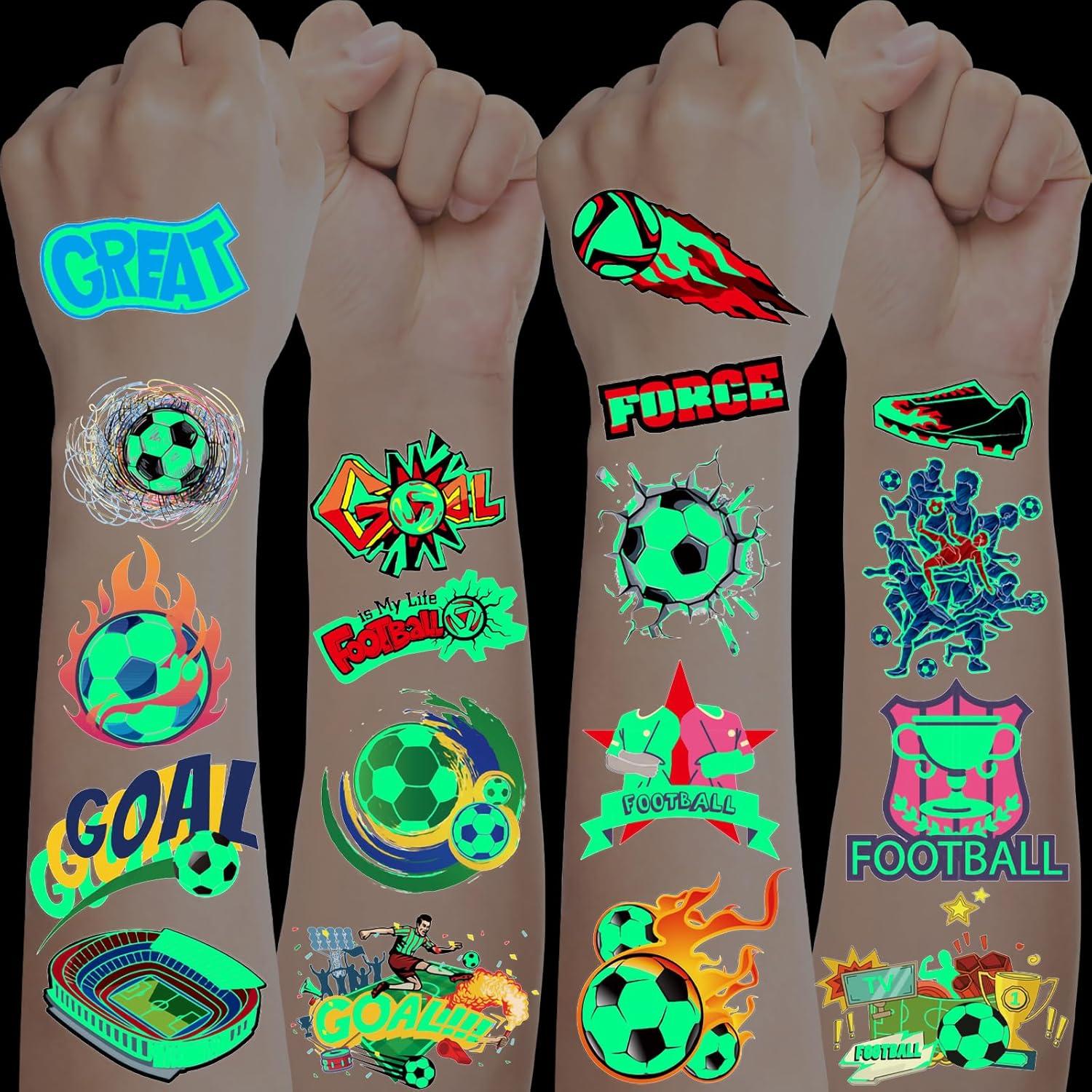 Leuchtende Fußball Tattoos für Kinder, Set mit 10 Blättern