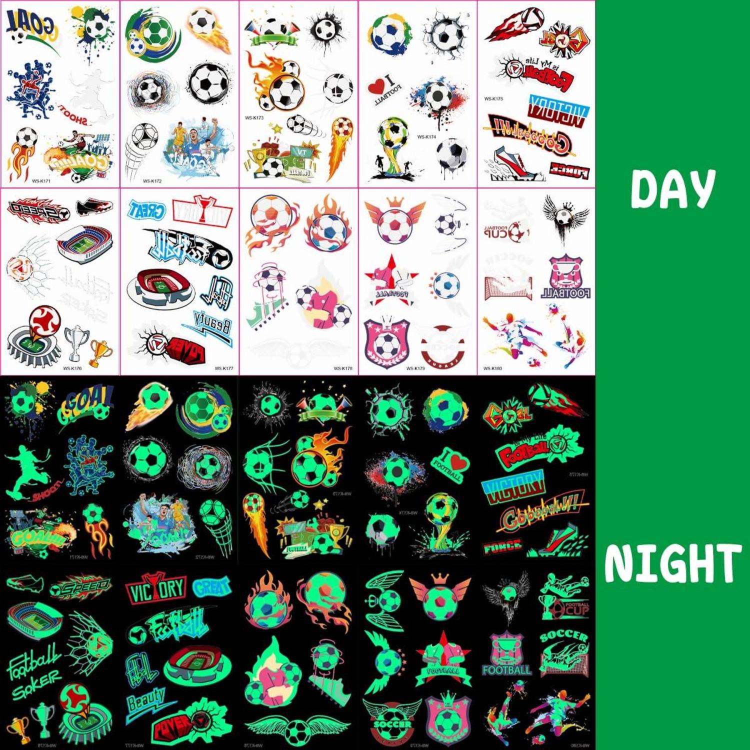 Leuchtende Fußball Tattoos für Kinder, Set mit 10 Blättern