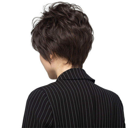 Kurze Pixie Perücke braun-schwarz mit Pony | Echthaar Mix