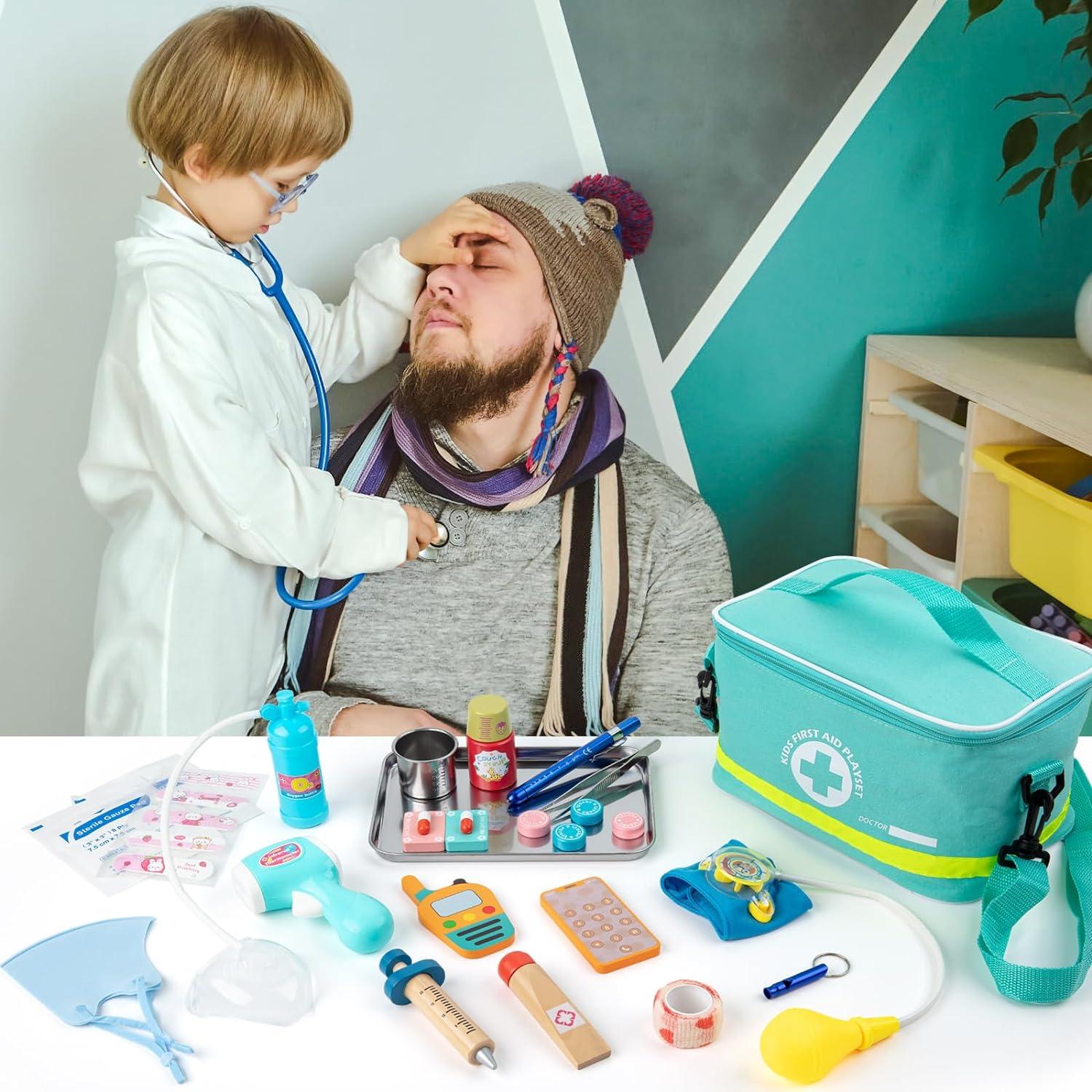 Arztkoffer Kinder Holz Spielset mit echtem Stethoskop & Thermometer