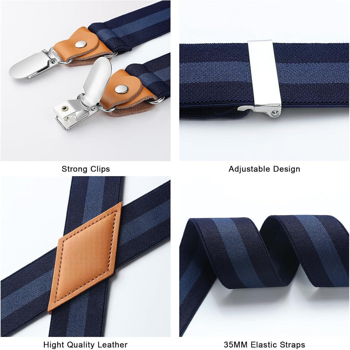 Hosenträger Herren X-Form mit 4 starken Metall-Clips, blau gestreift