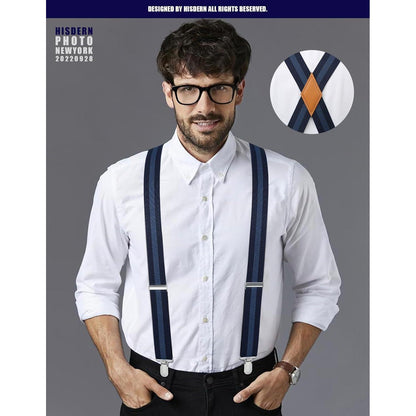 Hosenträger Herren X-Form mit 4 starken Metall-Clips, blau gestreift