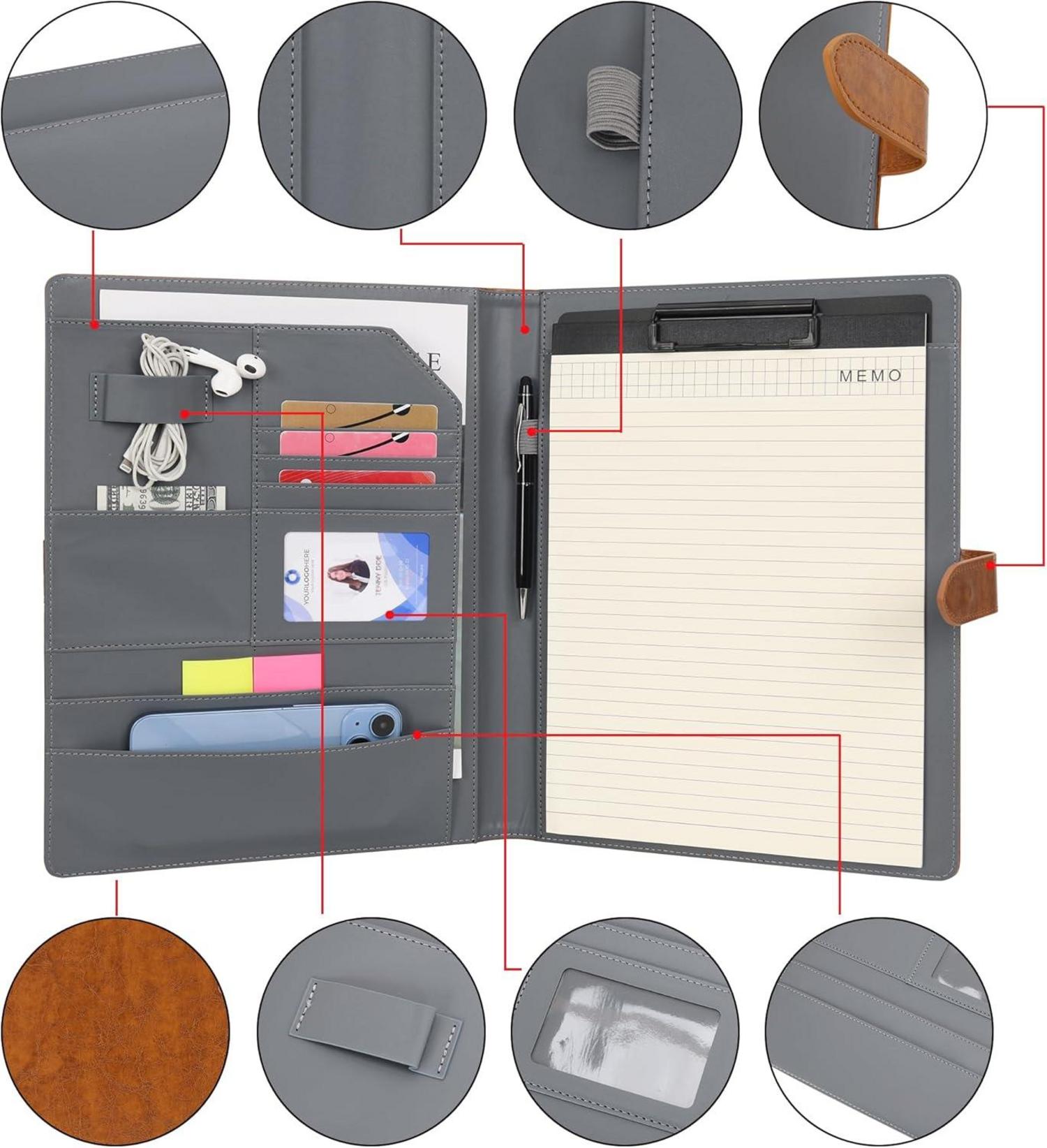 Wason A4 PU-Leder-Dokumentenmappe mit Klemmbrett und Notizblock, Braun