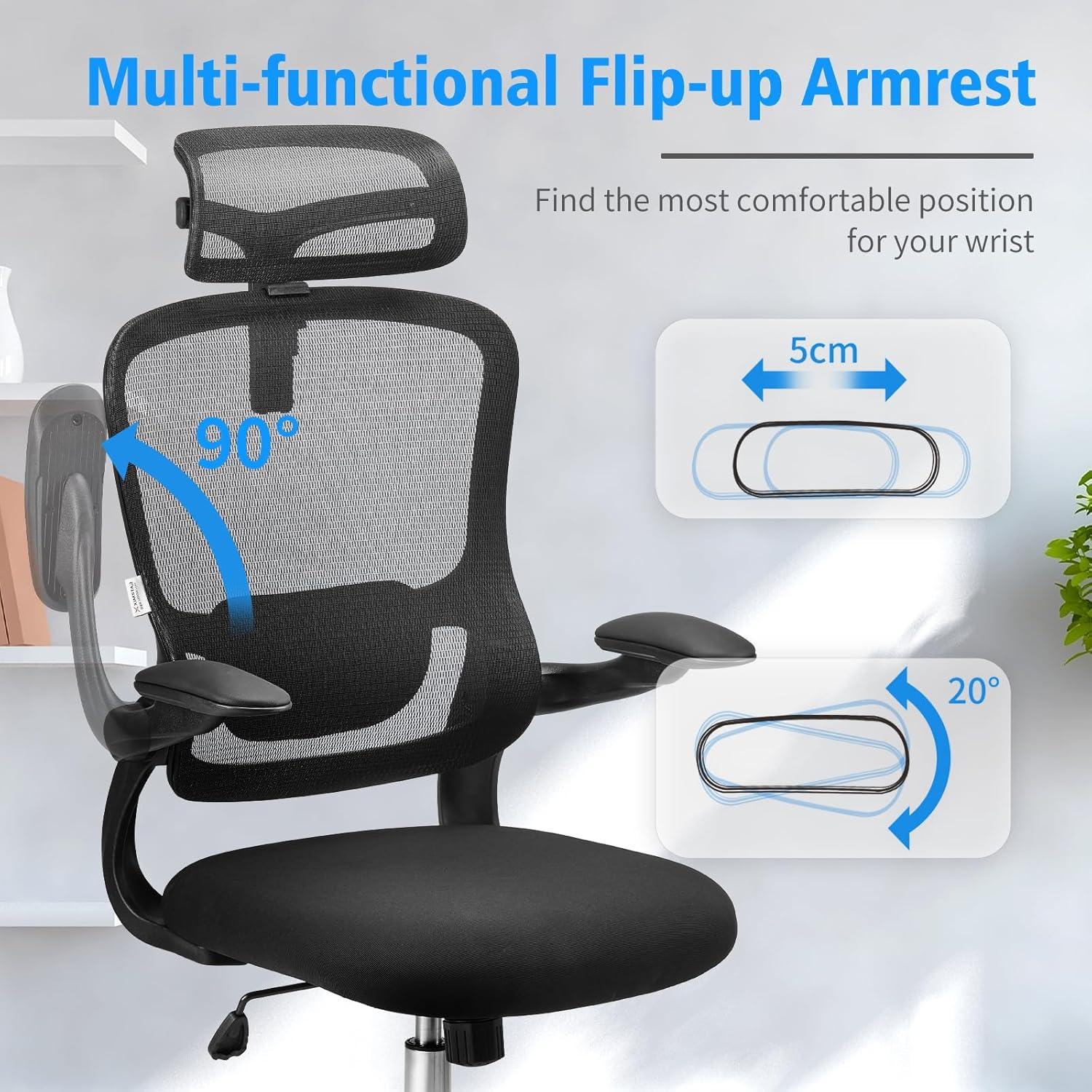 Ergonomischer Bürostuhl mit verstellbarer Lordosenstütze und 3D-Armlehnen, Schwarz