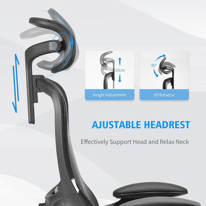 Ergonomischer Bürostuhl mit Kopfstütze, Armlehnen und Lordosenstütze
