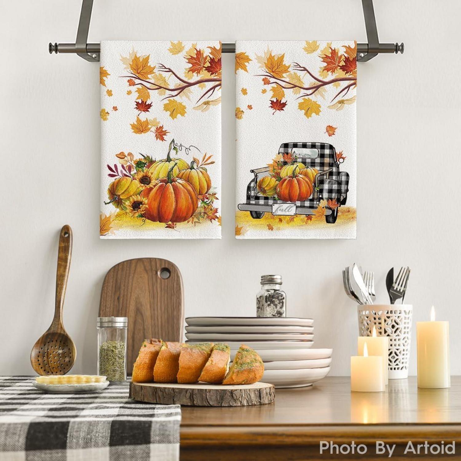 Herbstliche Kürbisse & Ahornblätter Küchentuch Set 42x65 cm