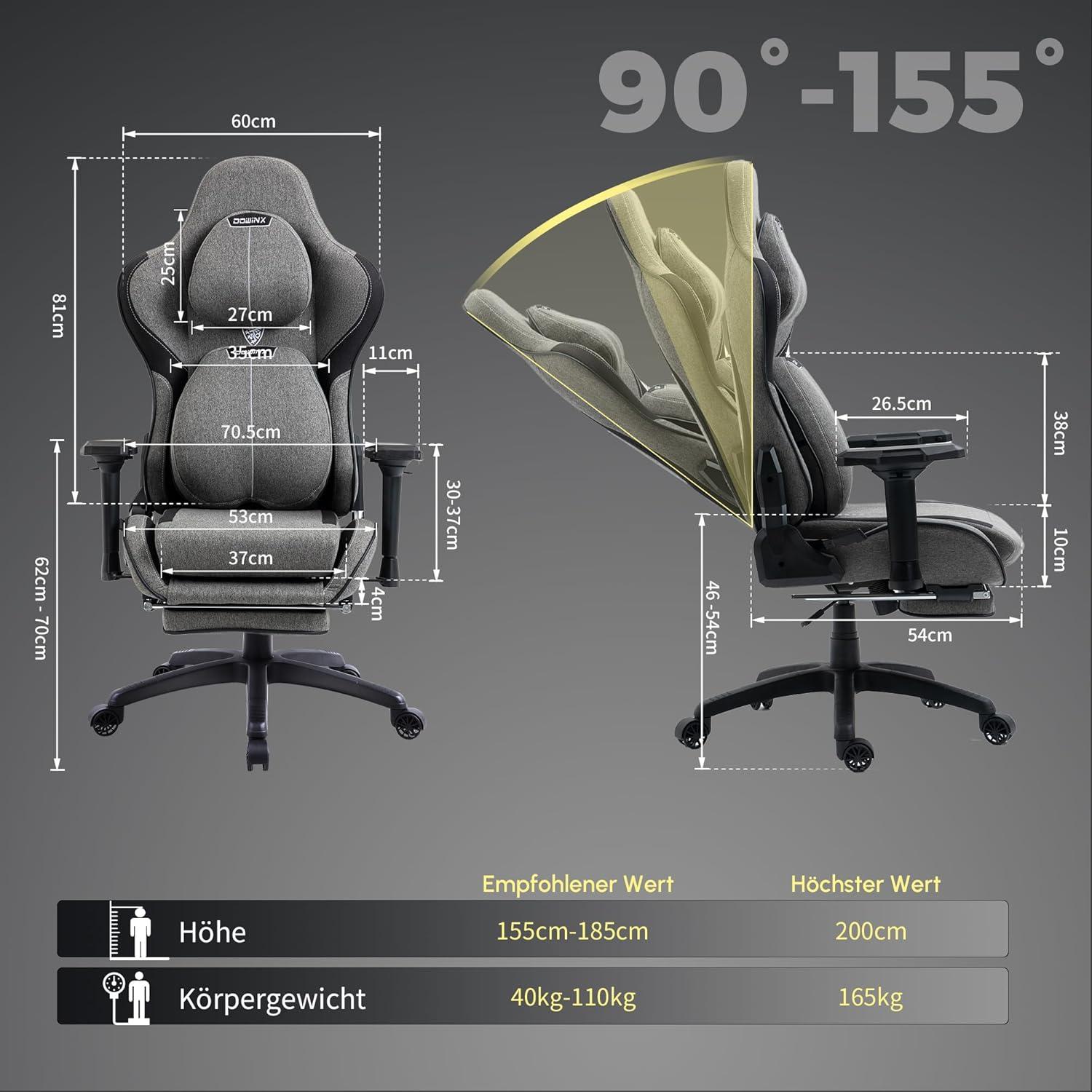 Dowinx Gaming Stuhl Stoff mit Fußstütze Massage Grau