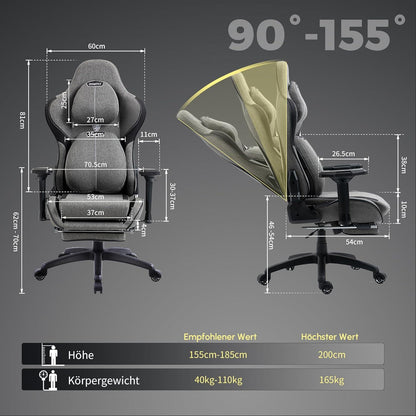 Dowinx Gaming Stuhl Stoff mit Fußstütze Massage Grau