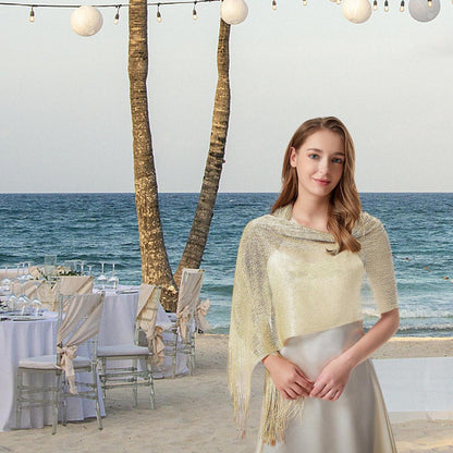 Festliche Stola Damen Elegant mit Quasten - Weiß gold