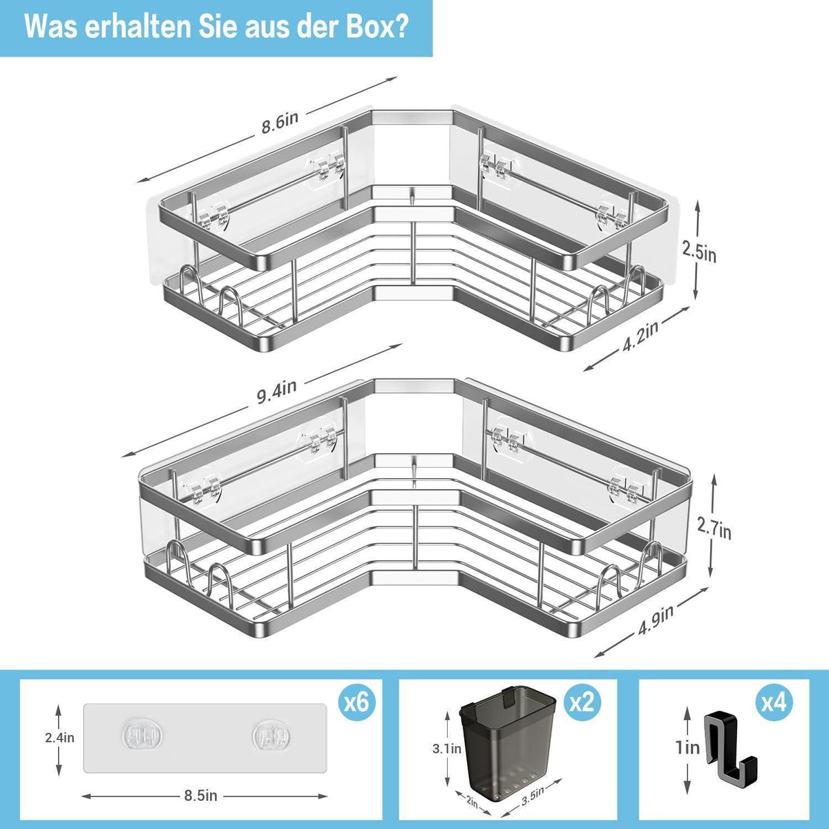 Duschablage ohne Bohren, 2er Set Eckregal Edelstahl mit Haken & Zahnpasta Halter