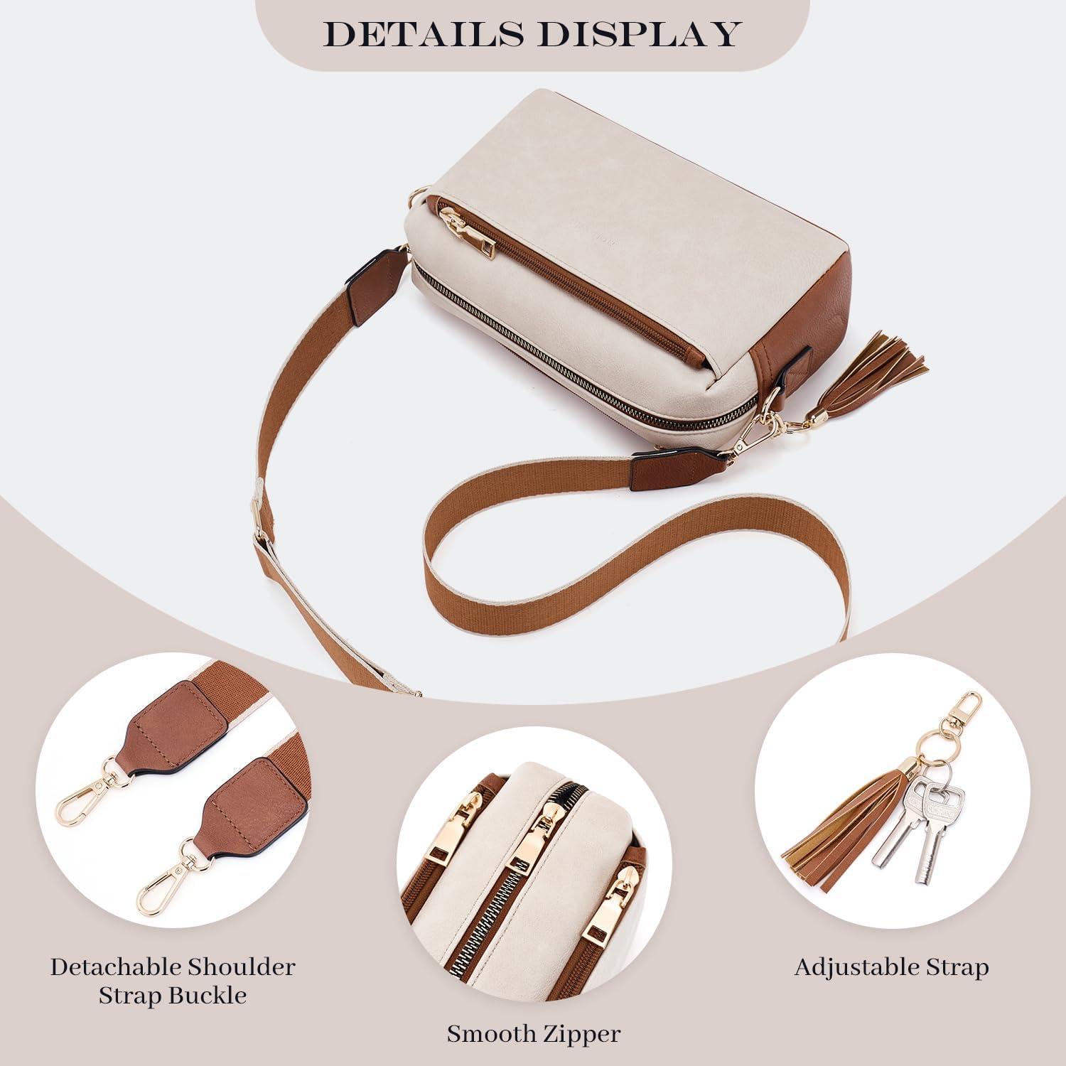 Damen Umhängetasche Vegan Leder Crossbody 3 Reißverschlussfächer Beige-Braun