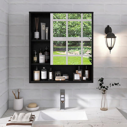 Badezimmerschrank mit Spiegel Wandmontage Bambus schwarz