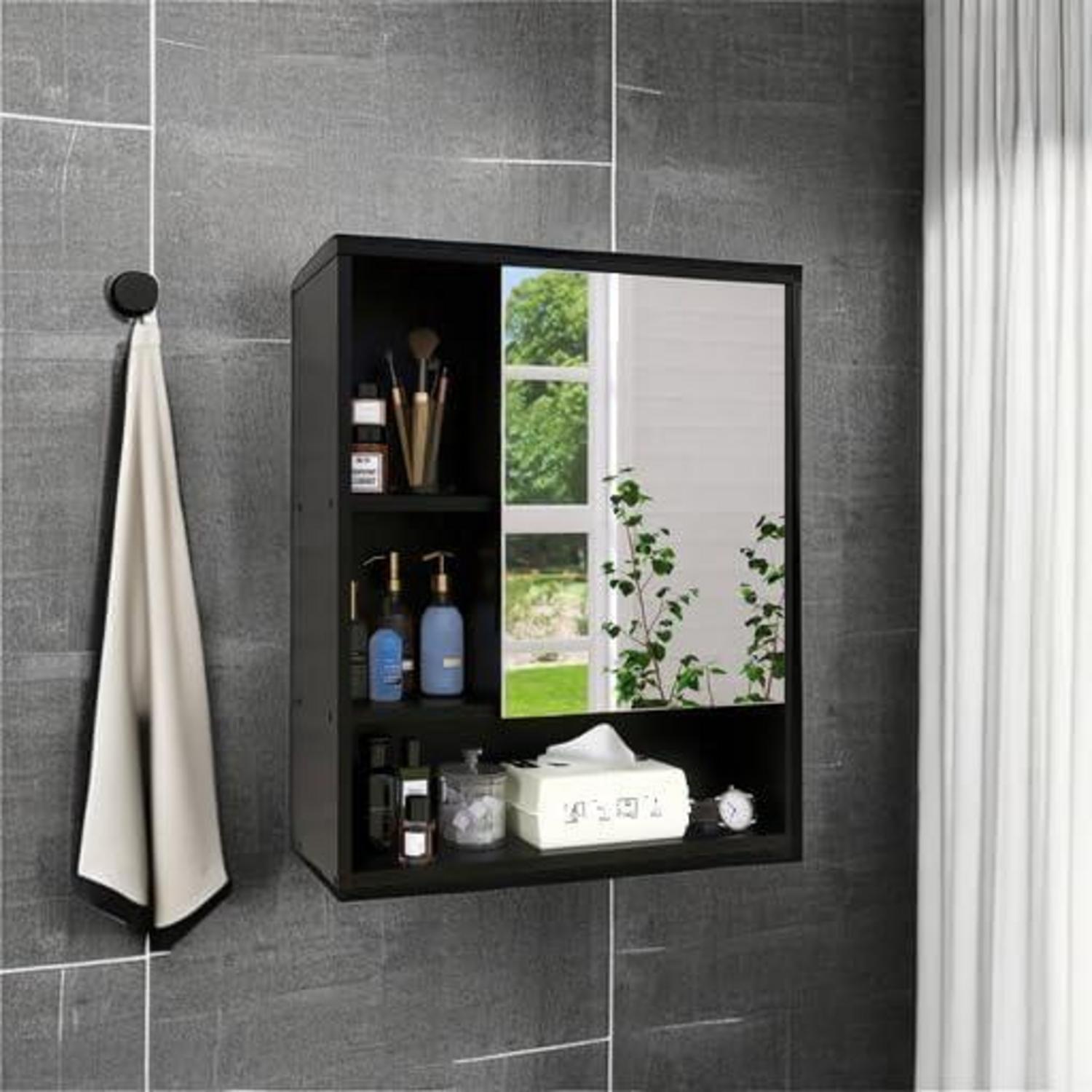 SMIBUY Badezimmerschrank Bambus Wandmontage Schwarz Spiegelplatz