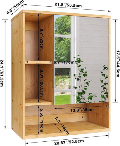 Badezimmerschrank mit Spiegel in Bambus Natur optisch platzsparend