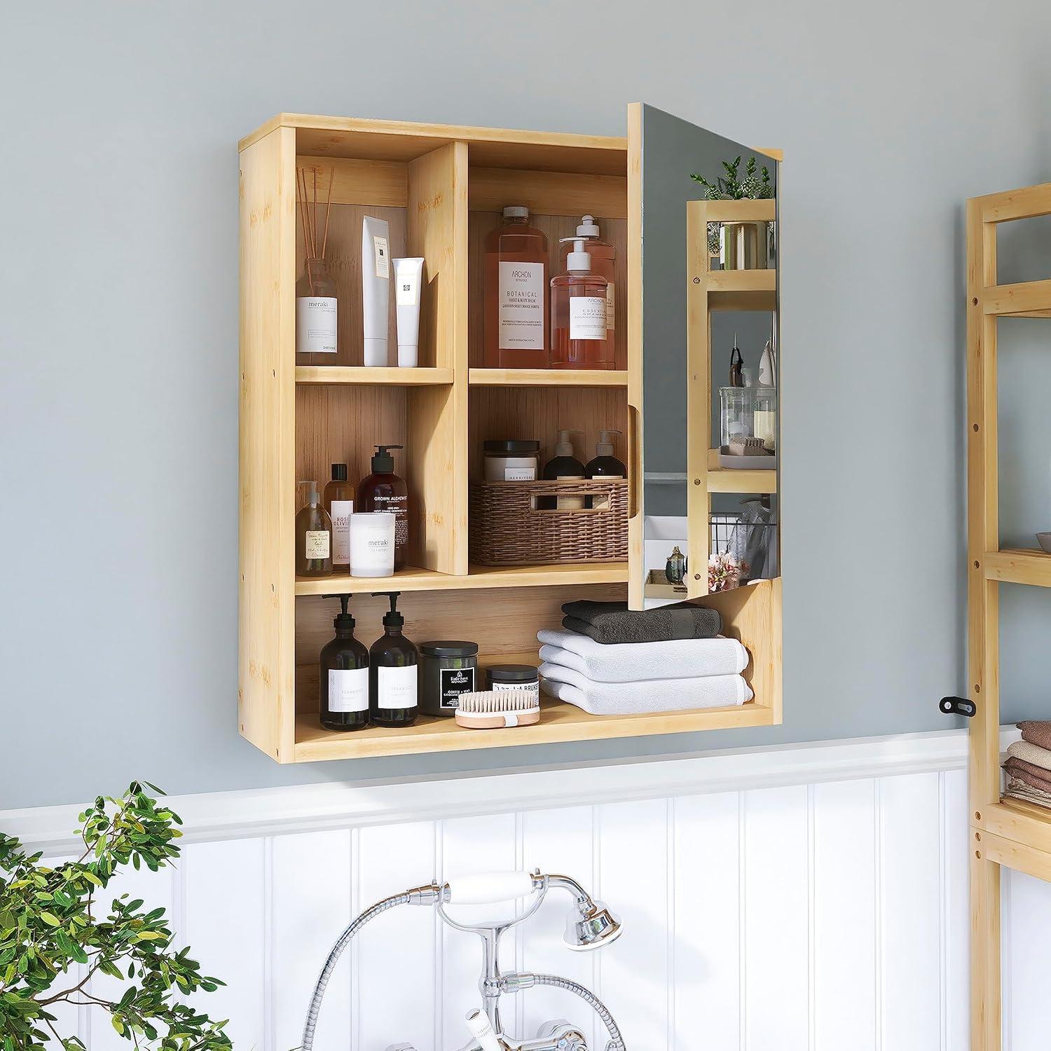 Badezimmerschrank mit Spiegel, Wandmontage, Bambus, Aufbewahrung, Organizer, Toilette, Medizinschrank, 2 Türen, Einlegeböden
