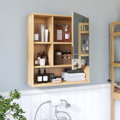 Badezimmerschrank mit Spiegel, Wandmontage, Bambus, Aufbewahrung, Organizer, Toilette, Medizinschrank, 2 Türen, Einlegeböden