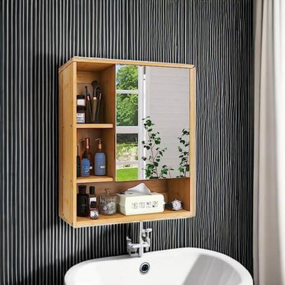 SMIBUY Badezimmerschrank mit Spiegel, Bambus Aufbewahrung WC