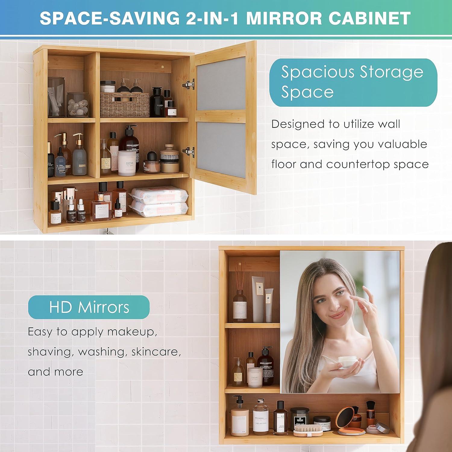 Badezimmerschrank mit Spiegel, Wandmontage, Bambus, Aufbewahrung, Organizer, Toilette, Medizinschrank, 2 Türen, Einlegeböden