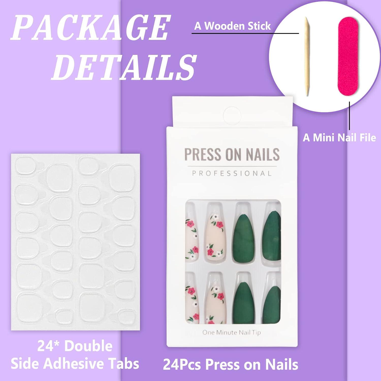 24 Stück Mittel Grün Blumen French Künstliche Nägel Falsche Nägel Kit