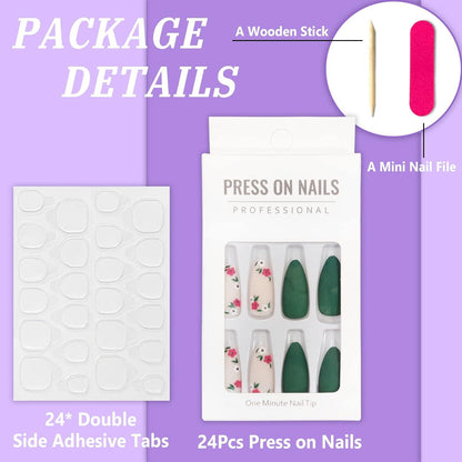 24 Stück Mittel Grün Blumen French Künstliche Nägel Falsche Nägel Kit