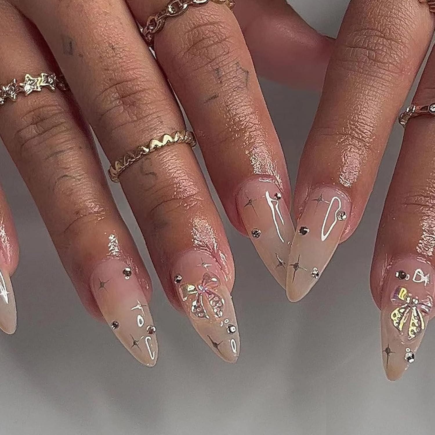 24 Stück Mandel Nägel Aufkleben French Stiletto Glitzer Kit